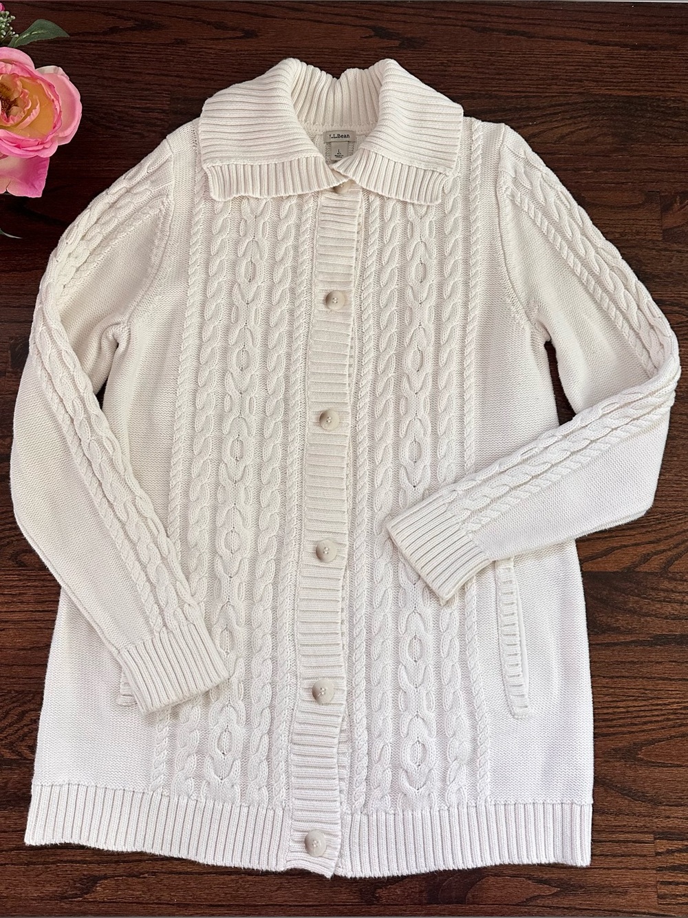 LL Bean button front cable knit cardigan, size L